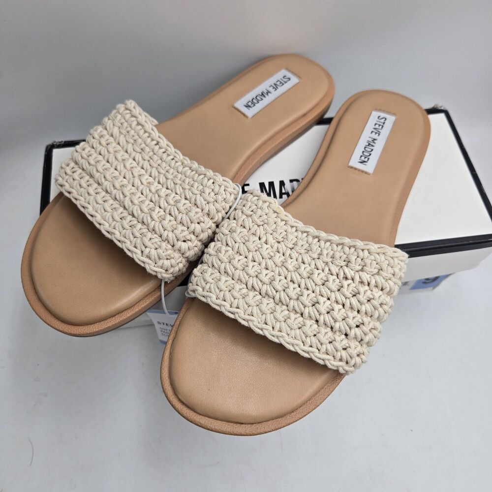 Steve Madden Women's Crochet Sandal Size 9 Tan Natural Boho New With Box Slide